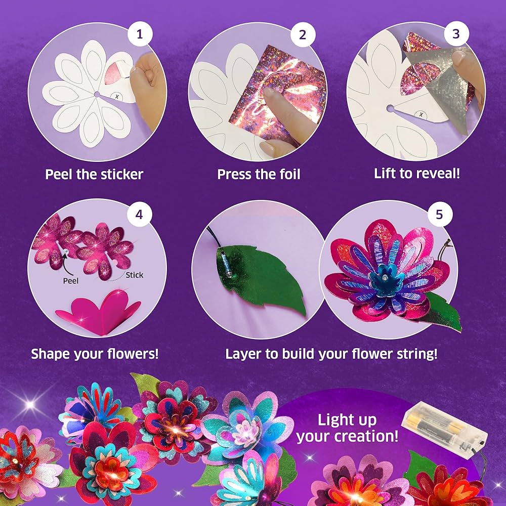 Chalk and Chuckles Flower Lights- DIY 3D Foil Art and Craft Kit for Girls 9-12, Make LED String with 10 Bulbs, Mess Free Festival Activity & Diwali Room Decor, Birthday Gift for Kids Age 8+