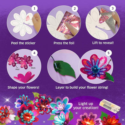 Chalk and Chuckles Flower Lights- DIY 3D Foil Art and Craft Kit for Girls 9-12, Make LED String with 10 Bulbs, Mess Free Festival Activity & Diwali Room Decor, Birthday Gift for Kids Age 8+