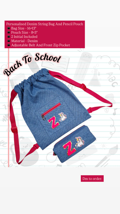 Personalised Denim String Bag And Pencil Pouch Combo