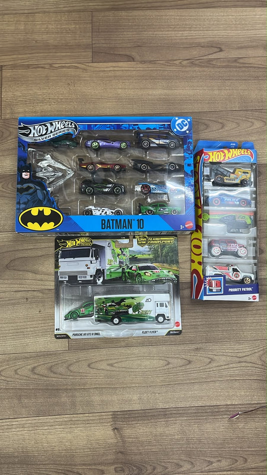 (REXY TRANSPORT) PORSCHE 911 GT3 R (992)- FLEET FLYER AND SET OF 10 BATMAN CARS and One Random Pack of set of 5 cars