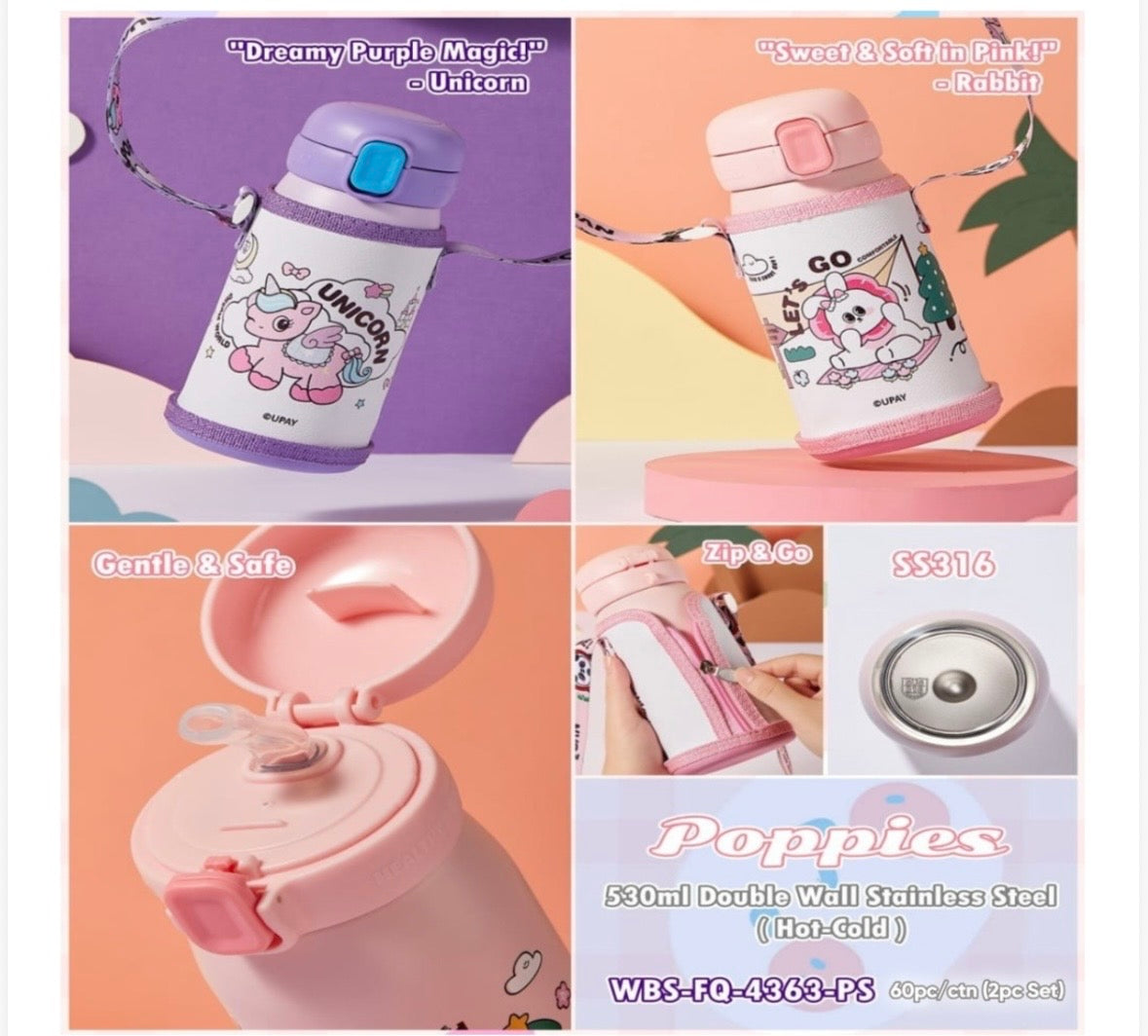 Poppies 530ml Double Wall Stainless Steel Bottle (Hot & Cold)