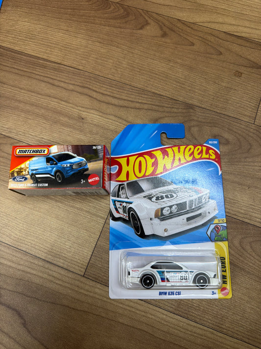SINGLE HOT WHEELS CAR BMW 635 Csi and MATCHBOX DKN70- 2023 FORD E- TRANSIT CUSTOM