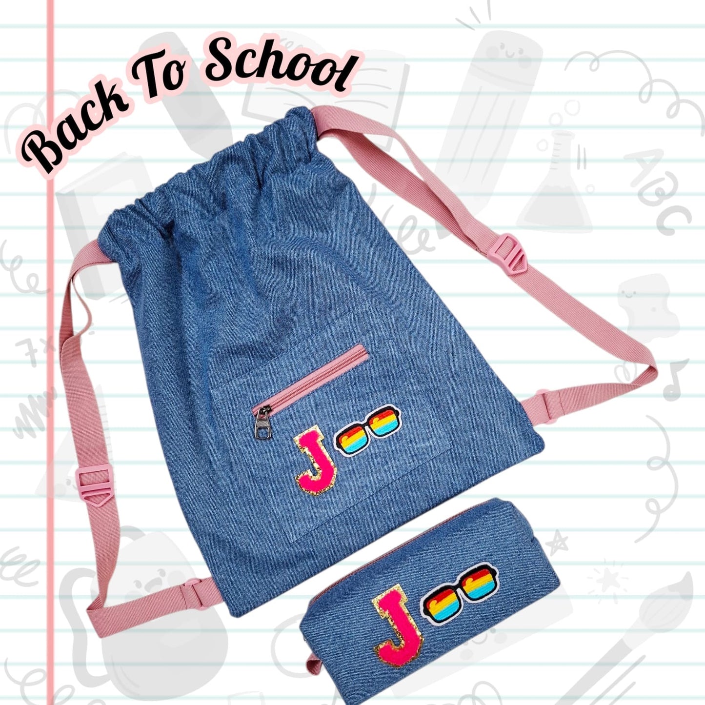 Personalised Denim String Bag And Pencil Pouch Combo