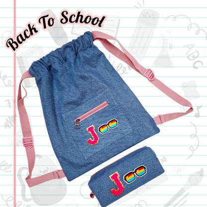 Personalised Denim String Bag And Pencil Pouch Combo