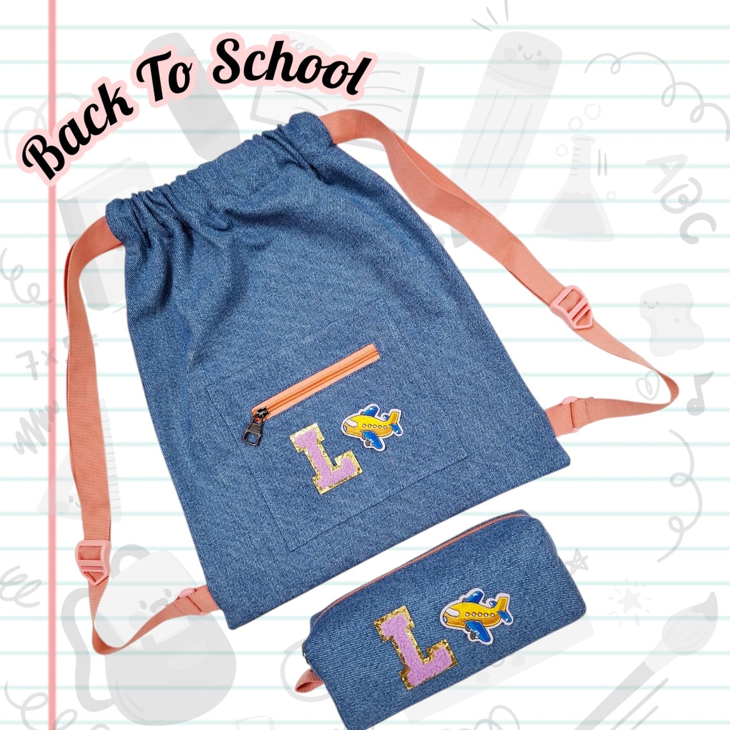 Personalised Denim String Bag And Pencil Pouch Combo
