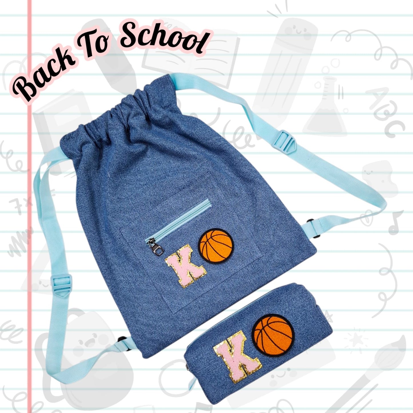 Personalised Denim String Bag And Pencil Pouch Combo