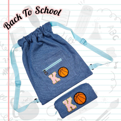 Personalised Denim String Bag And Pencil Pouch Combo