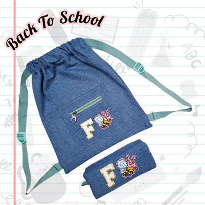 Personalised Denim String Bag And Pencil Pouch Combo