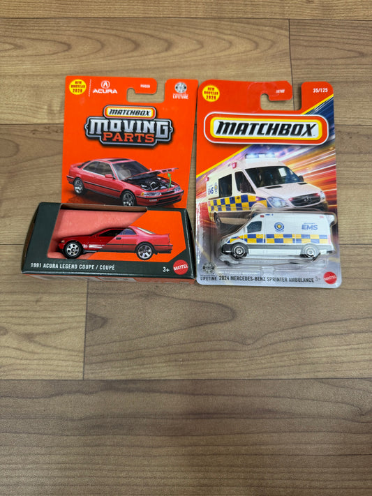 1991 ACURA LEGEND COUPE- FWD28_MOVING PARTS MATCHBOX AND 2024 MERCEDES- BENZ SPRINTER AMBULANCE (MATCHBOX CAR)