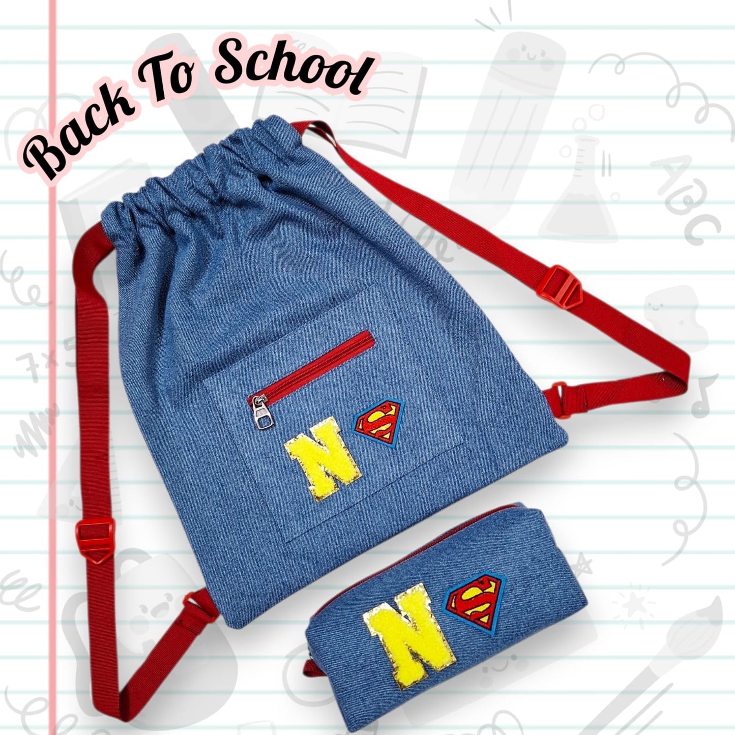 Personalised Denim String Bag And Pencil Pouch Combo