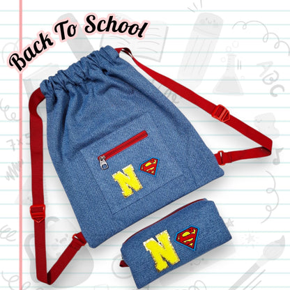 Personalised Denim String Bag And Pencil Pouch Combo