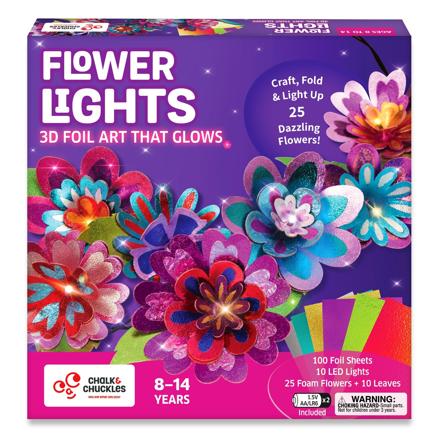 Chalk and Chuckles Flower Lights- DIY 3D Foil Art and Craft Kit for Girls 9-12, Make LED String with 10 Bulbs, Mess Free Festival Activity & Diwali Room Decor, Birthday Gift for Kids Age 8+