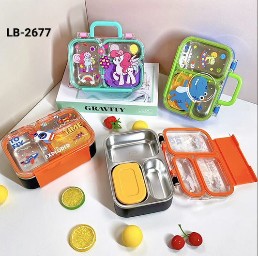 Stylish & Strong 3-Grid Stainless Steel Lunch Box 700ml with Lid Attached