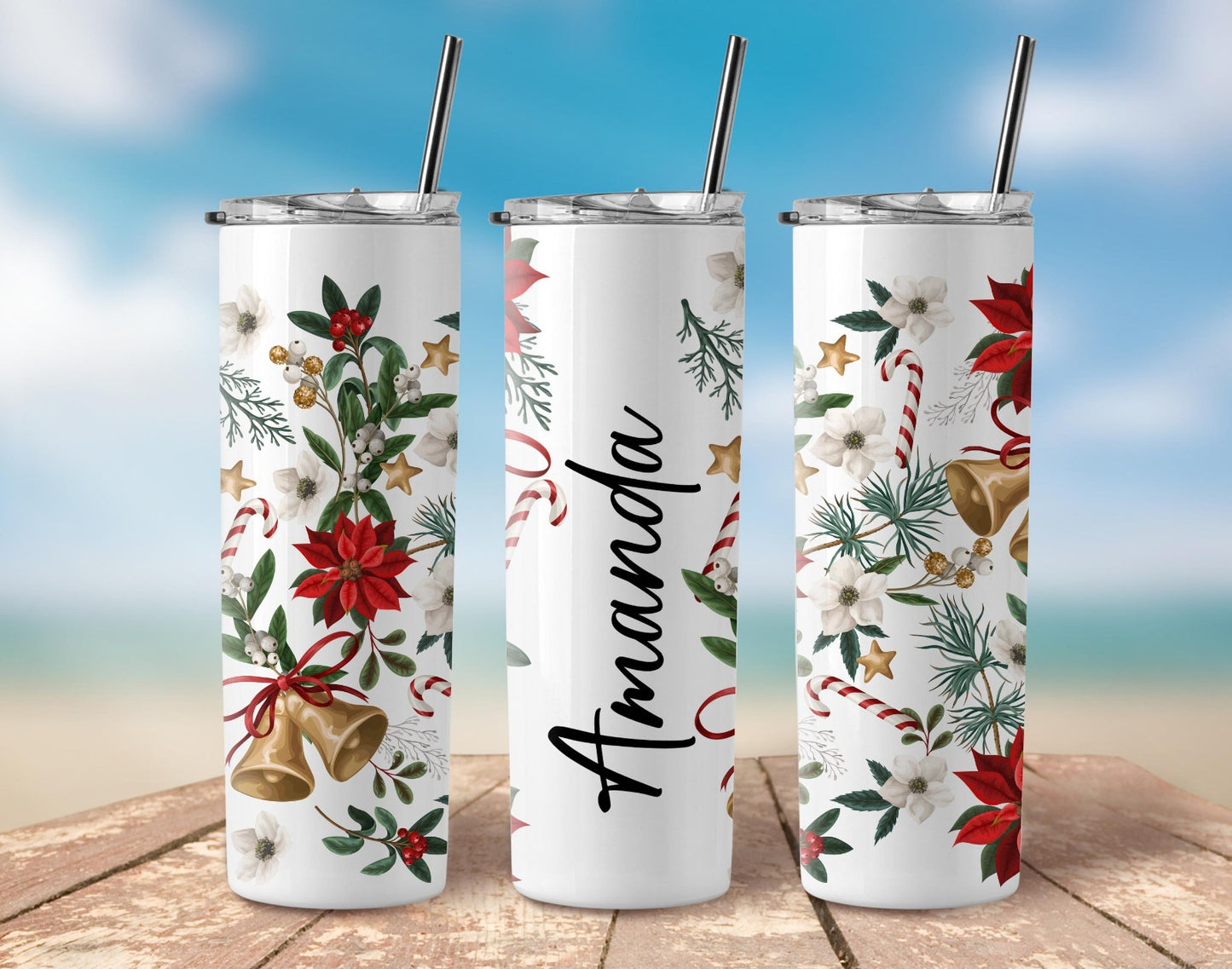 Christmas Personalised Special Stainless Steel Skinny Tumbler with steel Straw