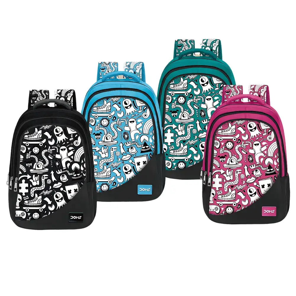 DOMS Waterproof Doodle Print School Bag for Kids & Teens – Stylish Cartoon Design