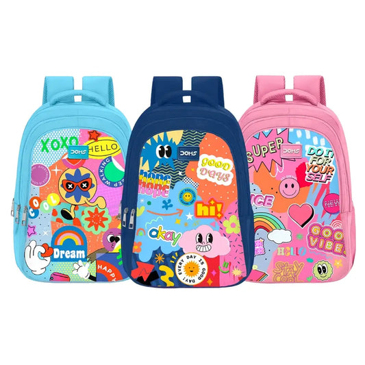 DOMS Sticker Series Backpack – Trendy & Colorful School Bag for Kids- Fun Sticker-Themed Print |