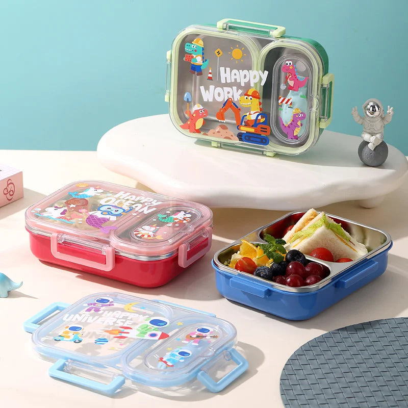 Cartoon Kids Metal Tiffin Box- 2 Partition Lunch Box- 600ML Stainless Steel