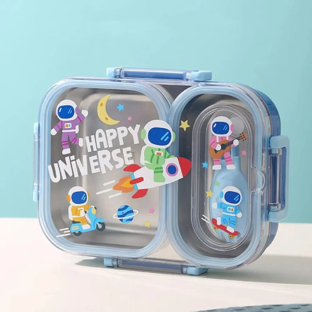 Cartoon Kids Metal Tiffin Box- 2 Partition Lunch Box- 600ML Stainless Steel