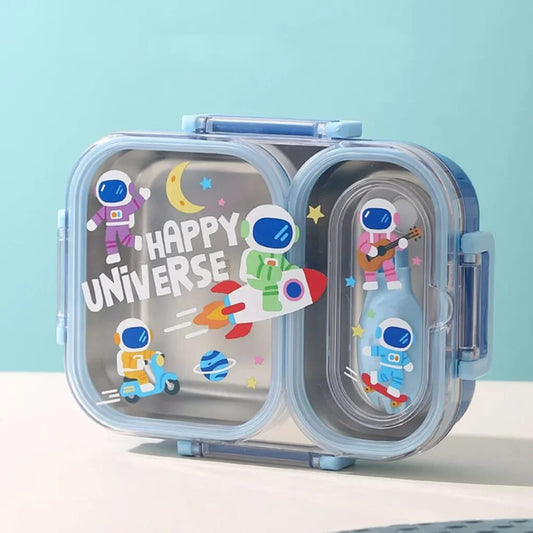 Cartoon Kids Metal Tiffin Box- 2 Partition Lunch Box- 600ML Stainless Steel