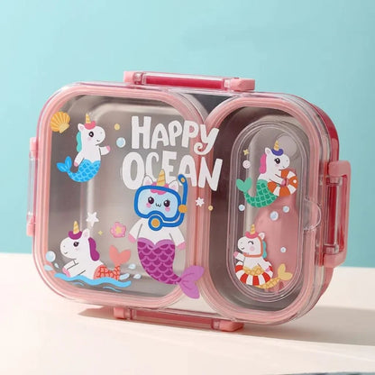Cartoon Kids Metal Tiffin Box- 2 Partition Lunch Box- 600ML Stainless Steel