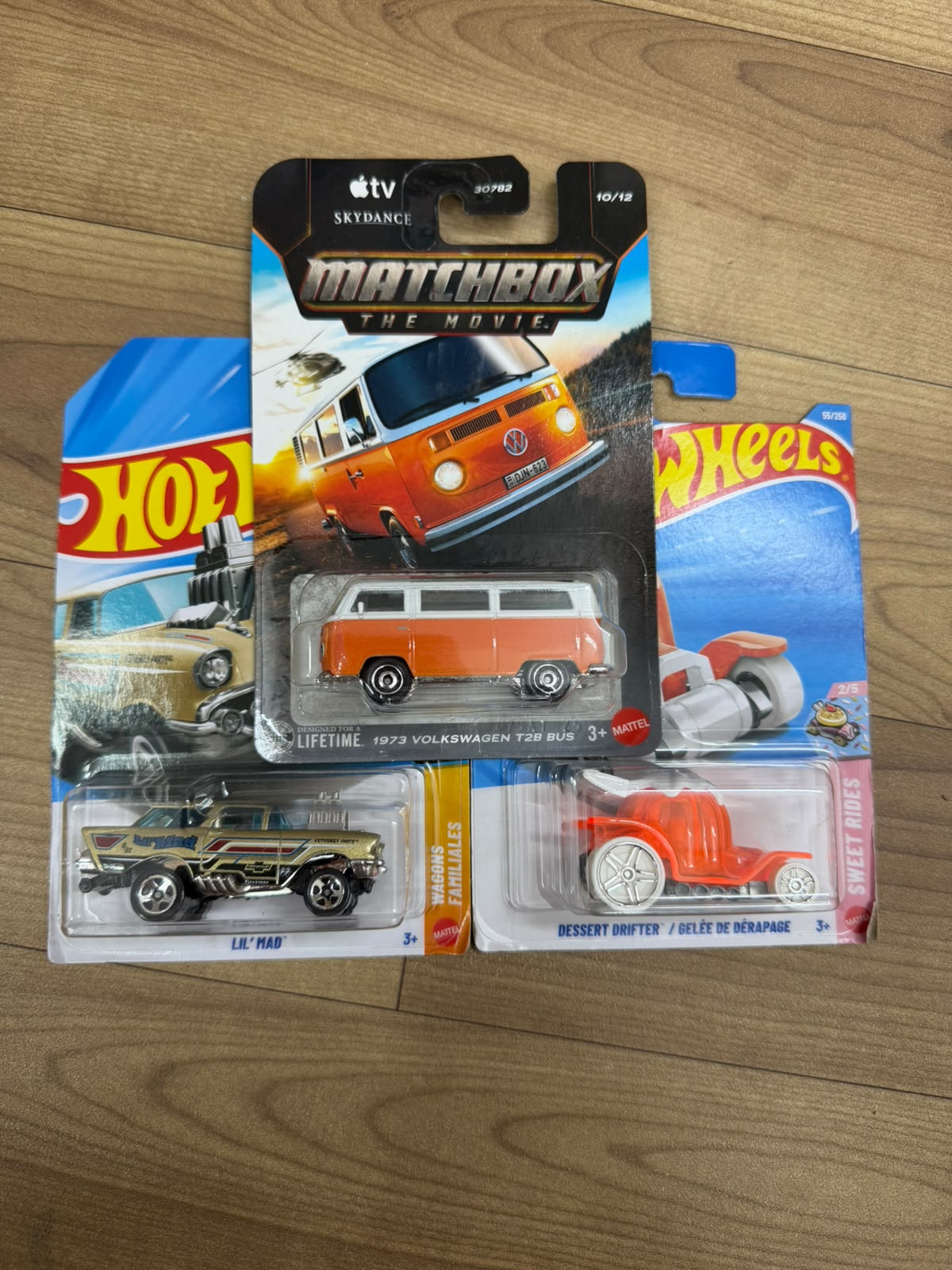 1973 VOLKSWAGEN T2B BUS (MATCHBOX CAR- 30782) AND DESSERT DRIFTER (SINGLE HOTWHEELS CAR) AND LIL MAD (SINGLE HOTWHEELS CAR)