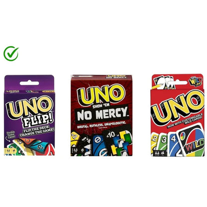 Mattel Games UNO Greatest Hits Gift Pack with 3 Card Games, UNO, UNO Flip & UNO Show ‘em No Mercy for Kids, Teens, Grown-Ups & Family Nights & Parties