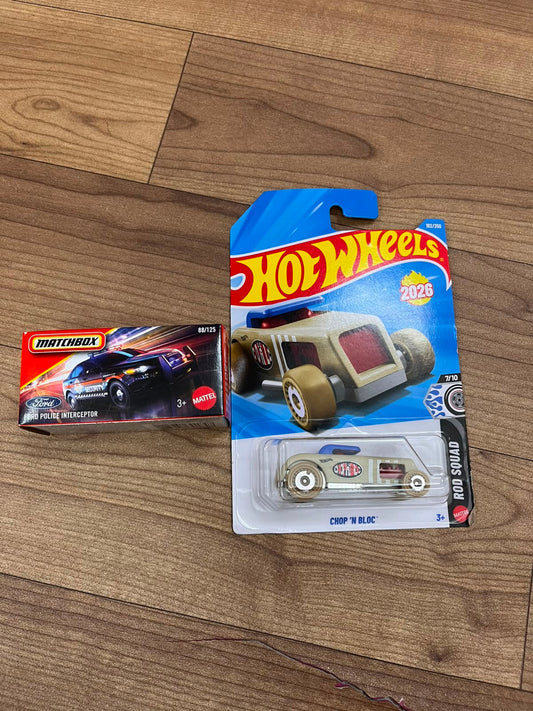 FORD POLICE INTERCEPTOR(MATCHBOX CAR) AND CHOP N BLOC HOTWHEELS SINGLE CAR