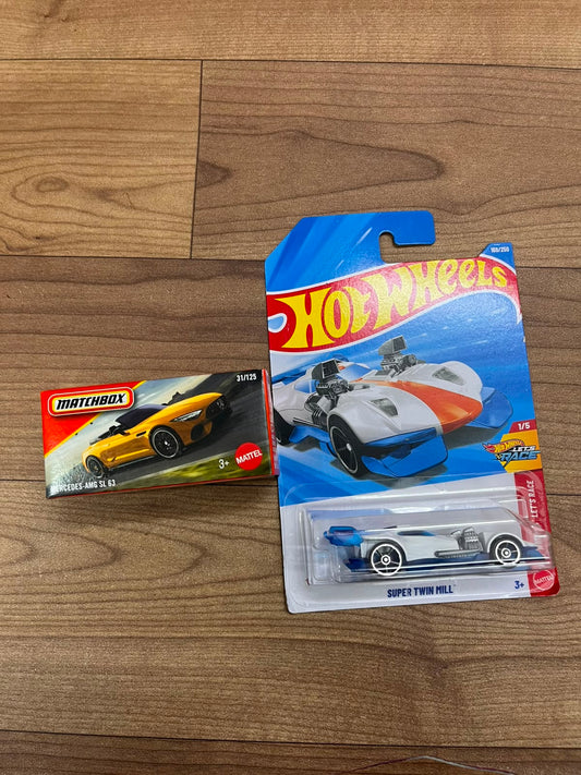MERCEDES AMG SL 63(MATCHBOX CAR) AND SUPER TWIN MILL HOTWHEELS SINGLE CAR