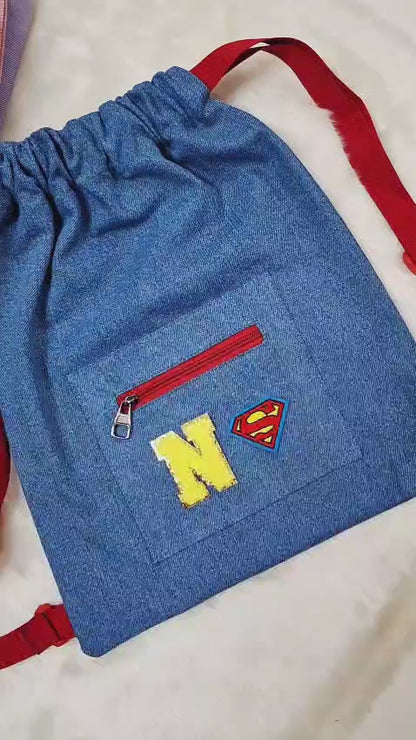 Personalised Denim String Bag And Pencil Pouch Combo