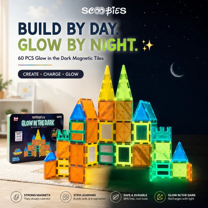 Scoobies Glow in the Dark Magnetic Tiles, 60 PCS Building Set for Kids