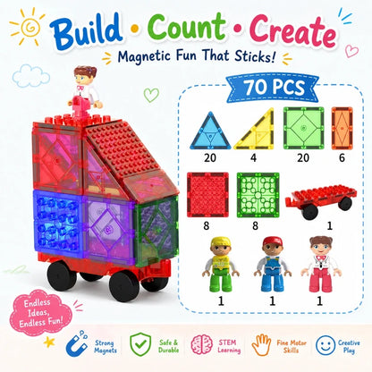 Scoobies Brickable Magnetic Tiles, 70 PCS Building Set for Kids