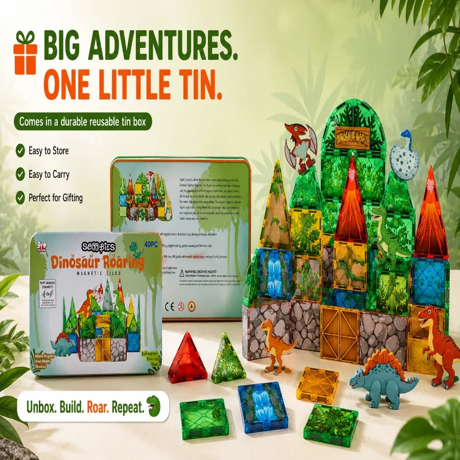 Scoobies Dinosaur Roaring Magnetic Tiles, 40 PCS Building Set for Kids