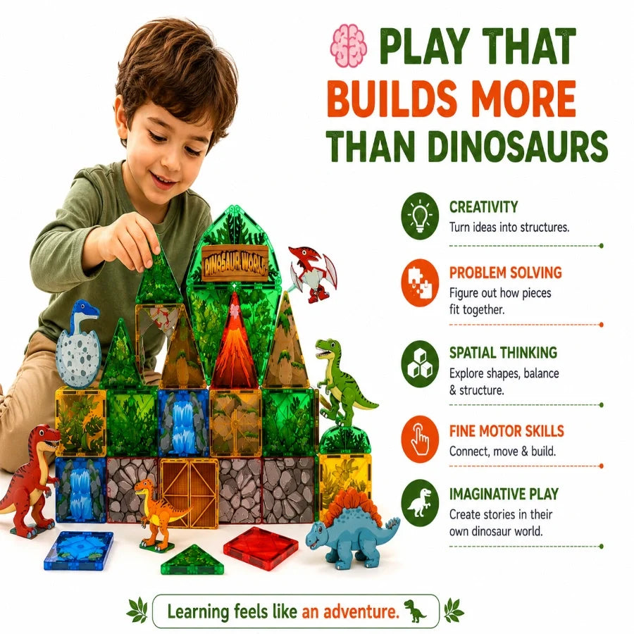 Scoobies Dinosaur Roaring Magnetic Tiles, 40 PCS Building Set for Kids