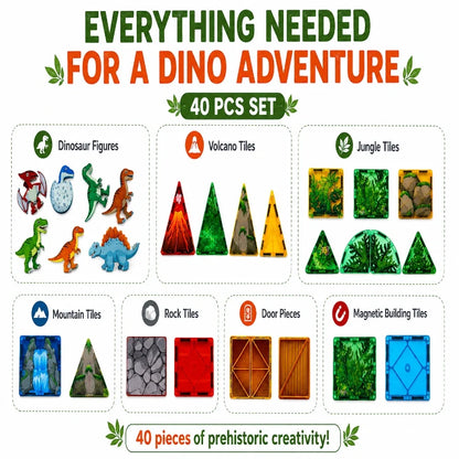 Scoobies Dinosaur Roaring Magnetic Tiles, 40 PCS Building Set for Kids