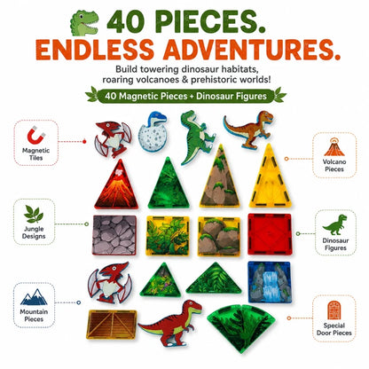 Scoobies Dinosaur Roaring Magnetic Tiles, 40 PCS Building Set for Kids