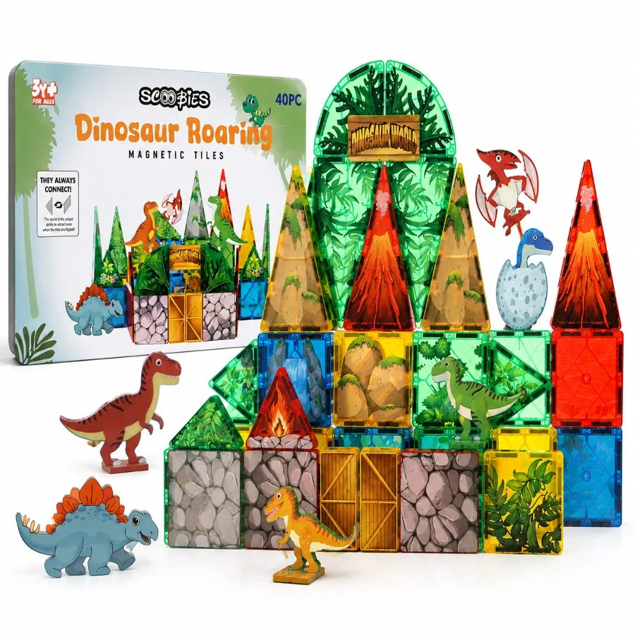 Scoobies Dinosaur Roaring Magnetic Tiles, 40 PCS Building Set for Kids