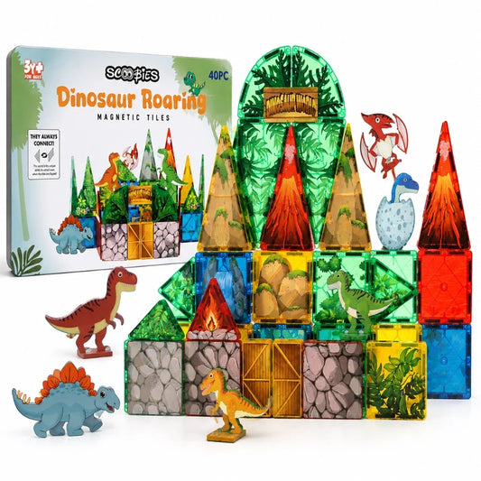 Scoobies Dinosaur Roaring Magnetic Tiles, 40 PCS Building Set for Kids