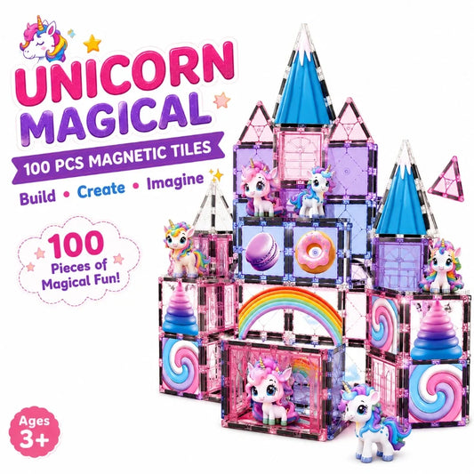 Scoobies Unicorn Magical Magnetic Tiles, 100 PCS Building Set for Kids