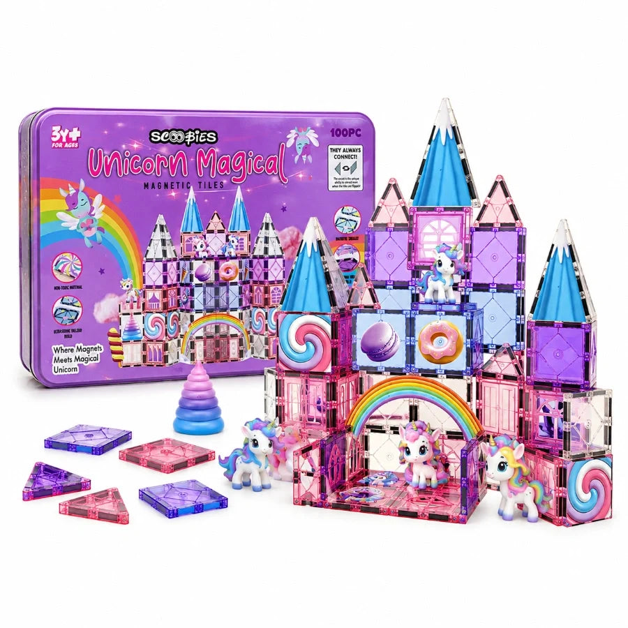 Scoobies Unicorn Magical Magnetic Tiles, 100 PCS Building Set for Kids