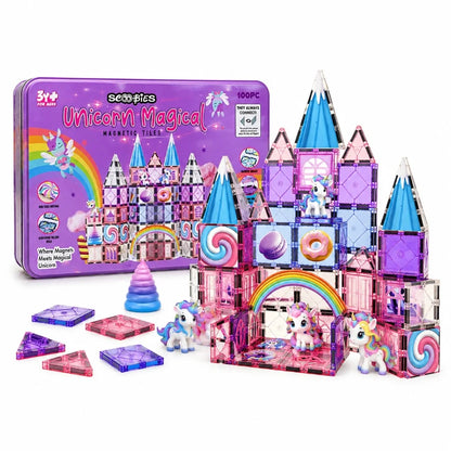 Scoobies Unicorn Magical Magnetic Tiles, 100 PCS Building Set for Kids
