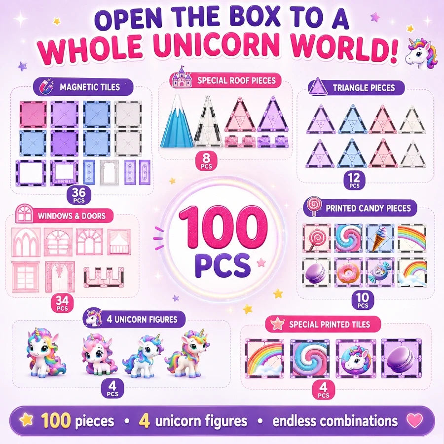 Scoobies Unicorn Magical Magnetic Tiles, 100 PCS Building Set for Kids