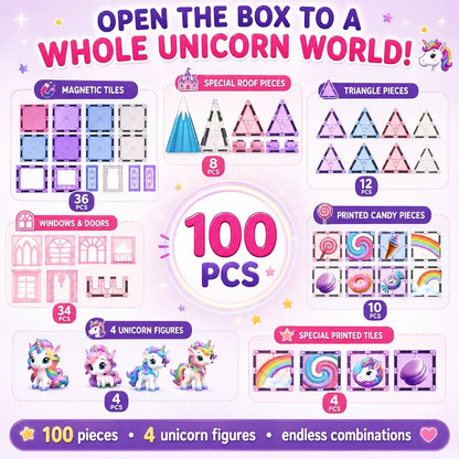 Scoobies Unicorn Magical Magnetic Tiles, 100 PCS Building Set for Kids