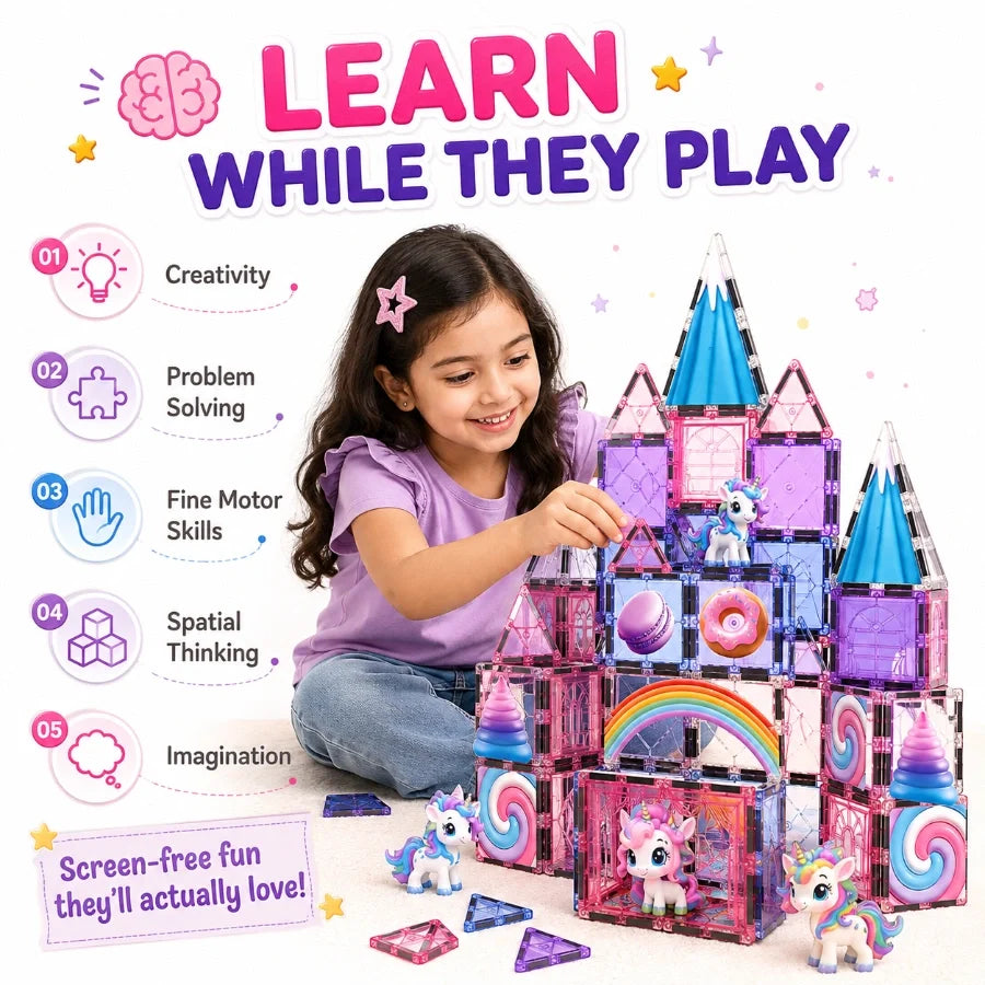 Scoobies Unicorn Magical Magnetic Tiles, 100 PCS Building Set for Kids