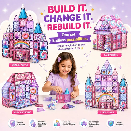Scoobies Unicorn Magical Magnetic Tiles, 100 PCS Building Set for Kids