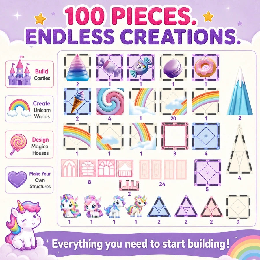 Scoobies Unicorn Magical Magnetic Tiles, 100 PCS Building Set for Kids